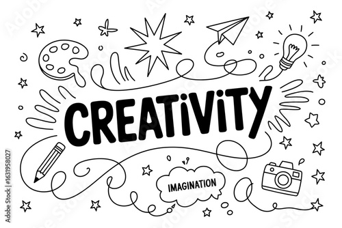 Hand Drawn Creativity Illustration with Various Art Supplies Promoting Imagination and Originality for Designers and Artists