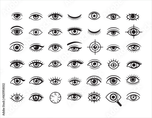 A wide variety of monochrome vector eye icons showcases styles from simple to detailed.
