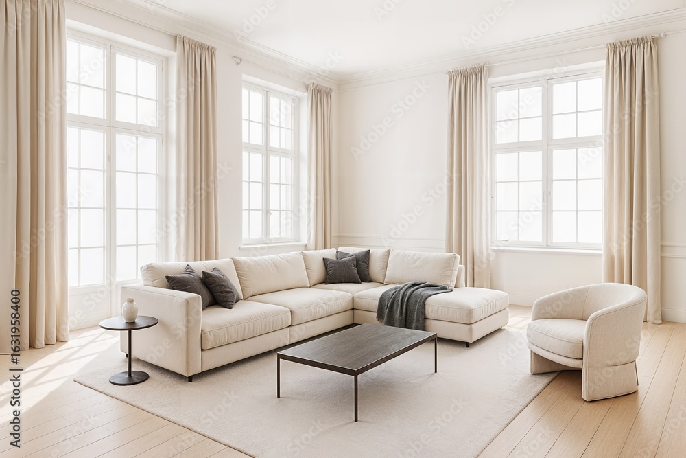 Fototapeta premium Modern living room apartment interior with beige sofas and armchair