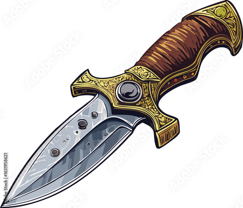 A detailed illustration of a decorative dagger with intricate golden embellishments.