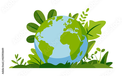 Earth Day illustration of our green planet with flora and fauna surrounding the world in a vector graphic