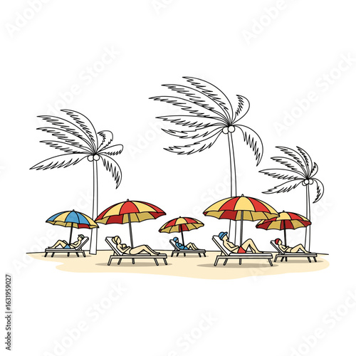Vector art of tropical beach scene with palm trees, umbrellas, and loungers isolated on white background
