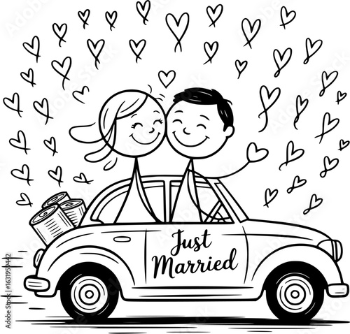 Love on the Road: A charming illustration depicts a stick figure couple, freshly wed, embarking on their journey of love in a vintage car, hearts encircling their happiness. 