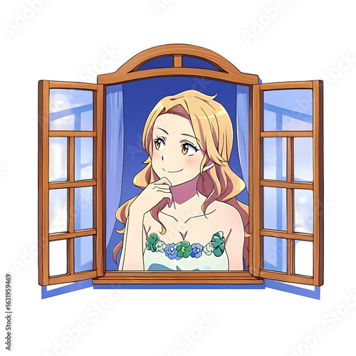A beautiful anime style young woman with blonde hair and a floral dress looks out from an open window with a gentle smile and thoughtful expression