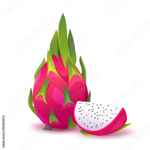 Fresh whole and cut a slice of dragon fruit (pitaya) isolated on a white background with shadows.