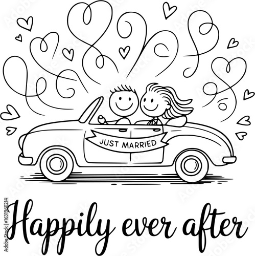 Just Married Happiness: Whimsical illustration of a newlywed couple in a convertible, surrounded by hearts and the promise of Happily ever after. A joyful image for celebrations of love, commitment.