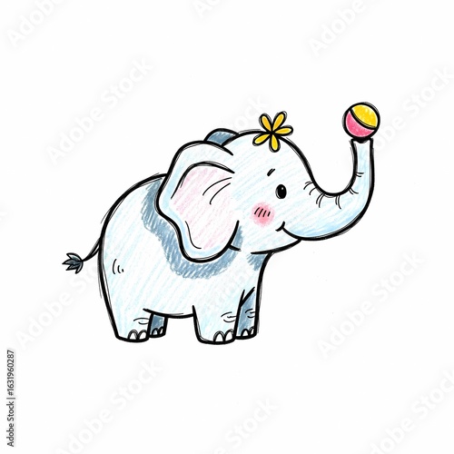 Cute Cartoon Elephant with Yellow Flower and Two-Tone Ball