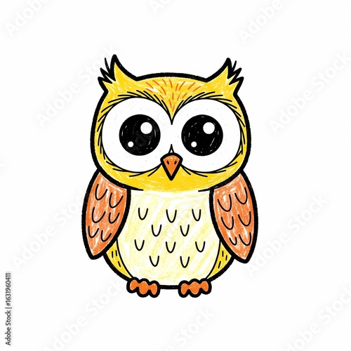 Cute Cartoon Owl with Big Eyes and Textured Feathers