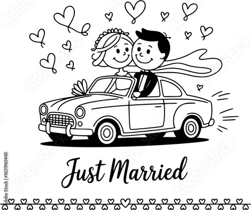 Newlyweds' Joyride: A charming line drawing depicts a newlywed couple embarking on their happily-ever-after journey in a classic car, surrounded by whimsical hearts, and a message of Just Married. 