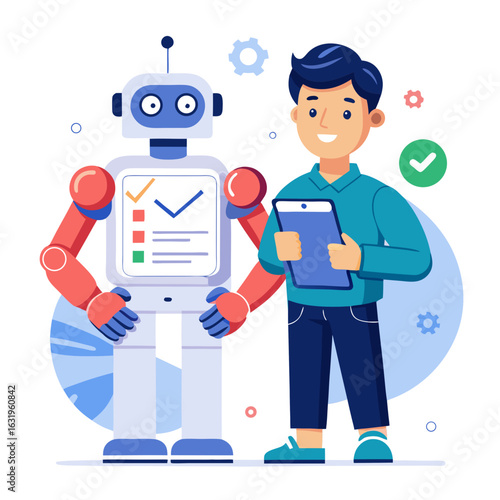 An illustration of a cartoon doctor with a stethoscope and clipboard, ready to work with people and technology