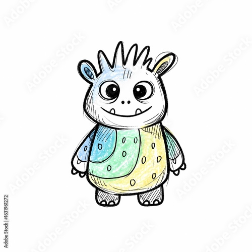 Cute Cartoon Monster with Spiky Hair and Colorful Tunic