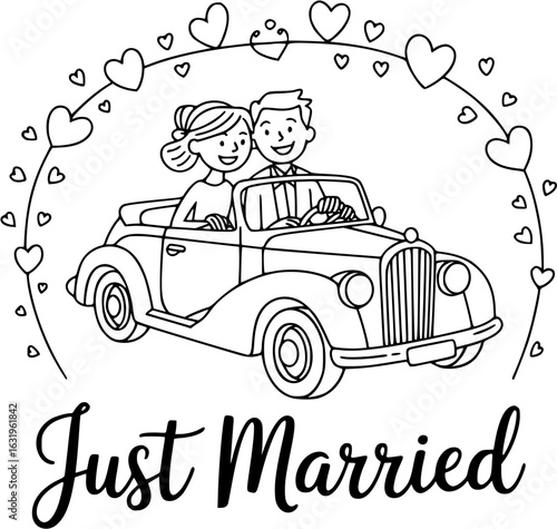 Just Married Illustration: A charming illustration depicts a newlywed couple, filled with happiness, in a classic convertible car, adorned with hearts and a joyous 'Just Married' message.