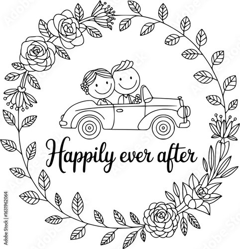 Happily Ever After: A charming line art illustration capturing a joyous wedding scene, depicting a couple in a vintage car surrounded by a floral wreath, celebrating their eternal love and commitment.