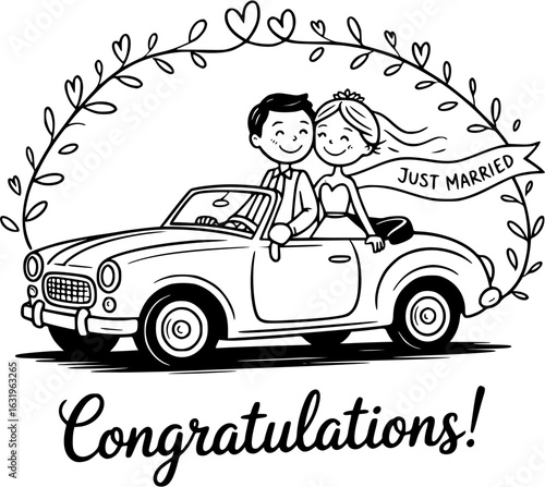 Newlyweds' Joyride: An illustration of a joyous bride and groom, blissfully embarking on their honeymoon adventure in a classic convertible car, framed by a delicate floral wreath.