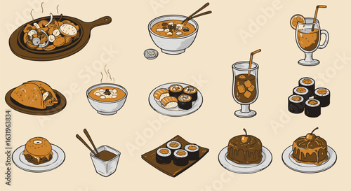 Assortment of various food items, including sushi, cake, and soup, presented in a cartoon style.