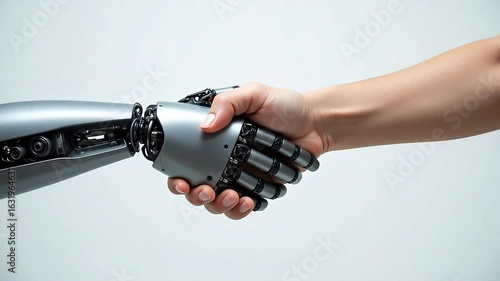 Human Hand Shaking Hands with Robotic Hand – Symbol of AI Collaboration
