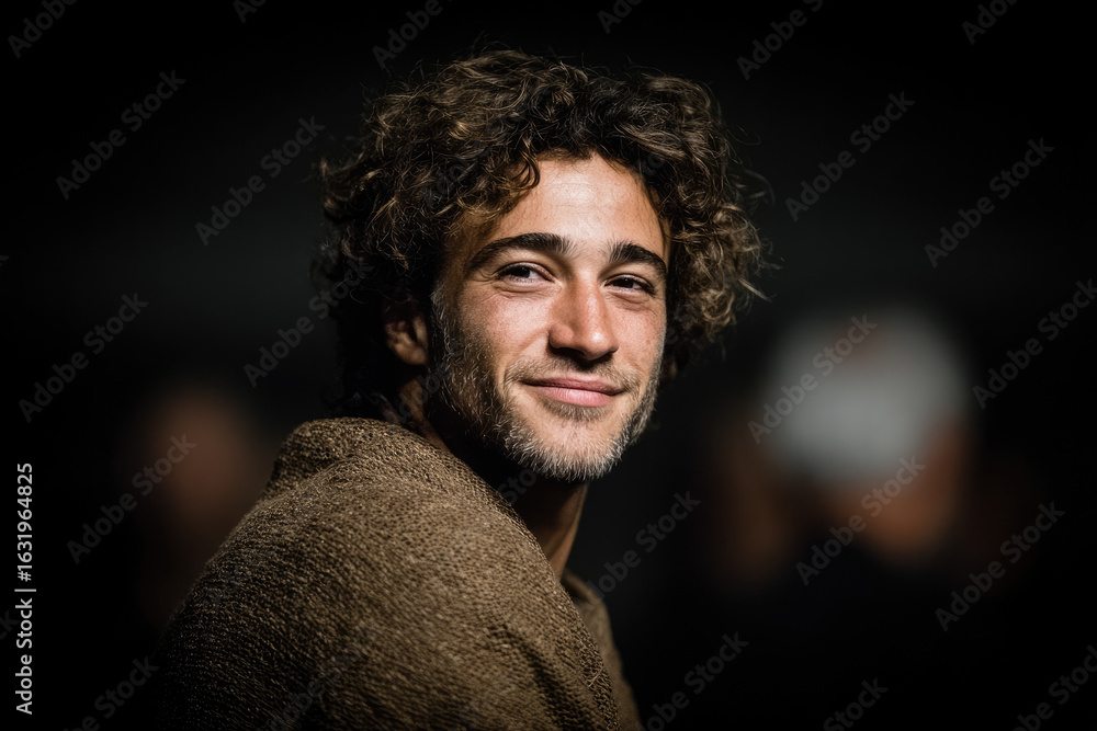 Obraz premium Captivating portrait of a smiling young man urban setting photography intimate atmosphere close-up authentic expression