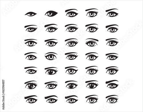 A wide variety of monochrome vector eye icons showcases styles from simple to detailed.
