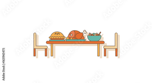 Festive dinner table setup with traditional holiday foods illustration