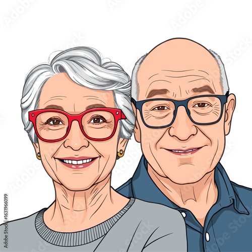 Happy Senior Couple Smiling Portrait Illustration with Glasses on White Background