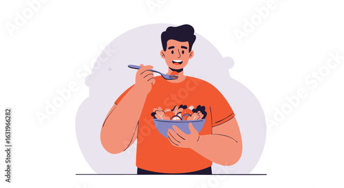 Happy man enjoying a healthy and colorful meal from a bowl.