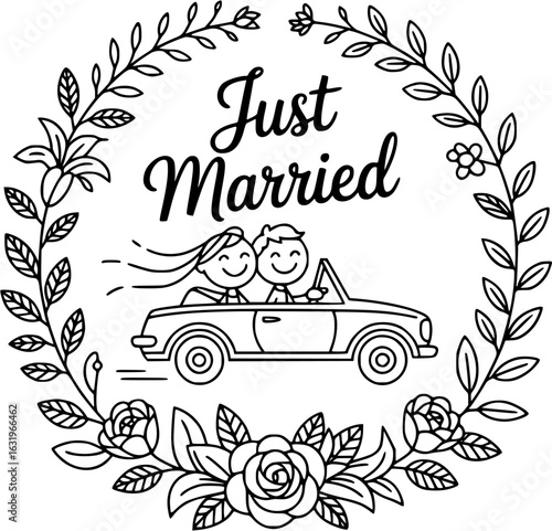 Just Married:  A charming illustration depicts a newlywed couple joyfully driving off in a classic car.  Surrounded by a wreath of delicate flowers.