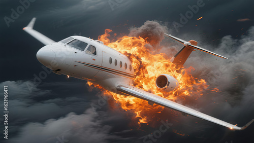 A dramatic digital rendering shows a white private jet engulfed in flames against a dark, stormy sky. The image conveys a sense of disaster and emergency.