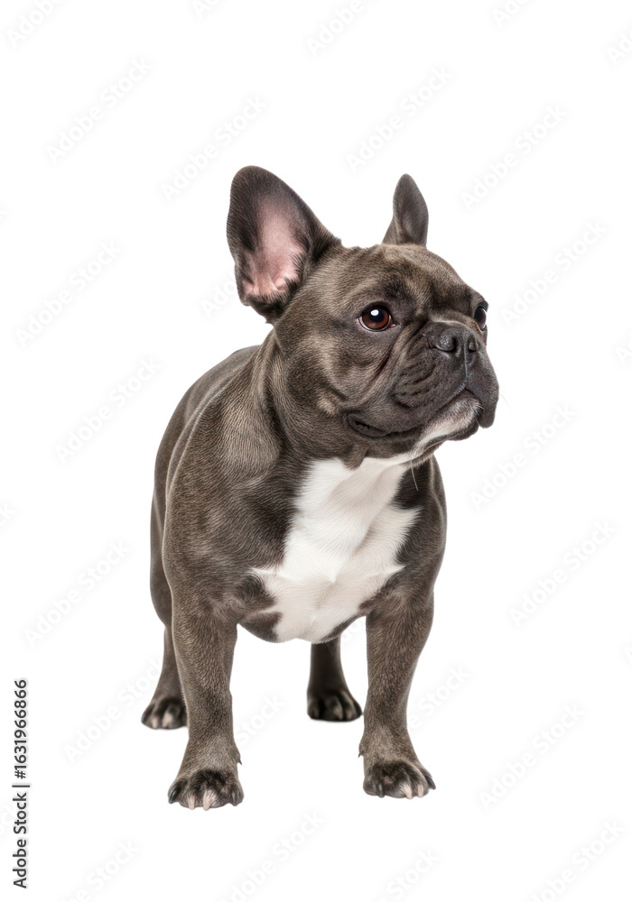 An adorable grey French Bulldog with a white chest stands attentively while looking to the side against a clean white background. An adorable grey French Bulldog with a white chest stands attentively while looking to the side against a clean white background.