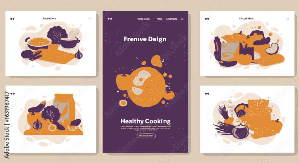 Fototapeta premium Five website design mockups showcasing healthy cooking themes with illustrations of food, vegetables, and abstract shapes on purple and white backgrounds.