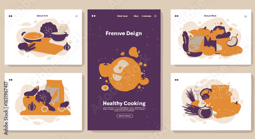 Five website design mockups showcasing healthy cooking themes with illustrations of food, vegetables, and abstract shapes on purple and white backgrounds.