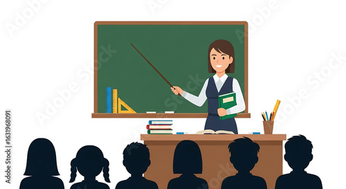 Teacher teaching in front of class at chalkboard showing lesson to students