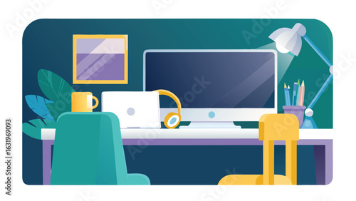 Illustration of a workspace with a computer monitor laptop headphones and desk lamp on a table top view