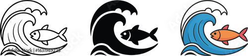 Fish rides ocean wave, simple icons for marine life themes