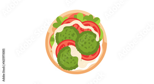 Artistic food illustration of a falafel pita wrap with various toppings