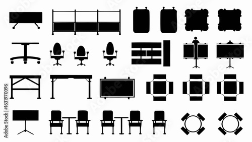 Illustration showing a variety of office furniture including tables chairs and dividers in black silhouette