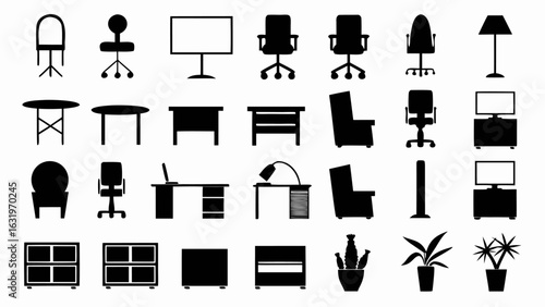 Collection of office furniture silhouettes including chairs tables desks lamps and potted plants in black