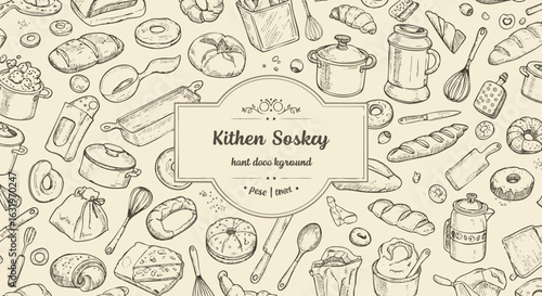 Hand-drawn kitchen utensils and baked goods illustration, including pots, pans, bread, donuts, and other cooking elements on a beige background.