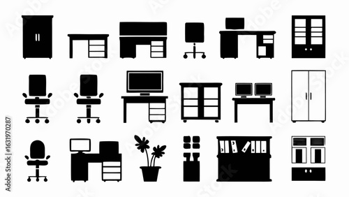 Illustration of office furniture including desks chairs cabinets filing systems and potted plant in black and white silhouette