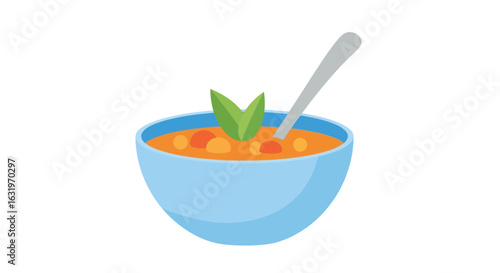 Delicious bowl of soup illustration with a spoon and herb garnish