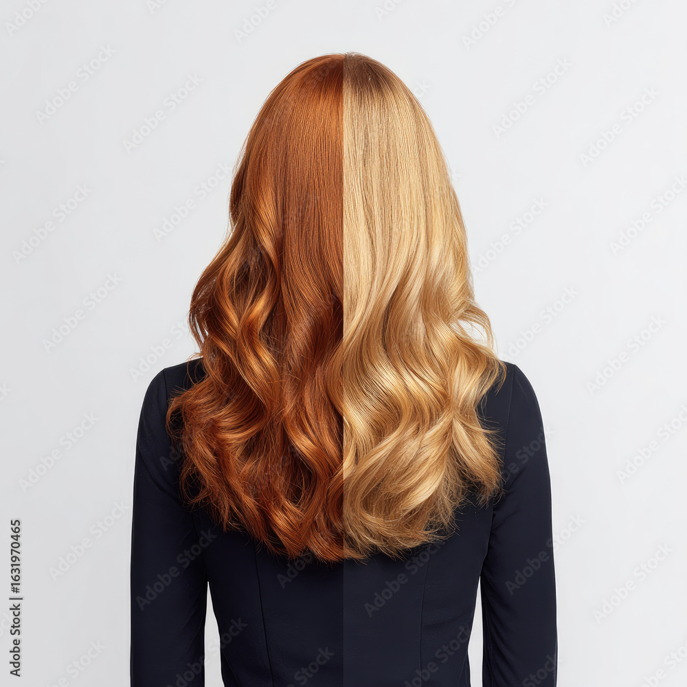 Obraz premium Gorgeous copper and blond wavy hair coiffure studio shot professional hairstylist model white background vibrant beauty and style hair care and fashion