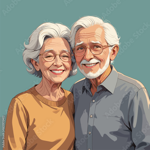 Smiling Senior Couple Illustration: A cheerful portrait of a happy man and woman, symbolizing love, companionship, and joyful aging.