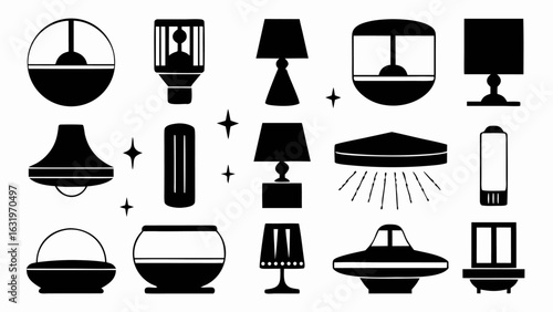 Illustration featuring various stylized lamps and light fixtures in a minimalist black and white design style silhouette
