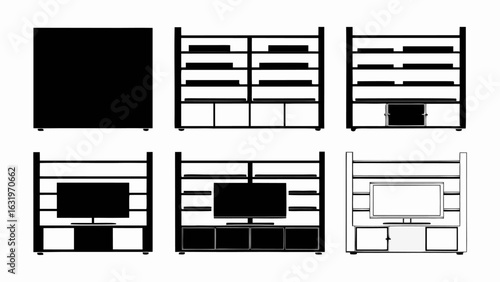 Illustrations showing the evolution of a television unit with shelves and storage compartments over time silhouette