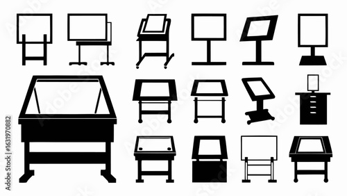 Illustration showing a variety of different styles of display tables and stands in black and white color silhouette