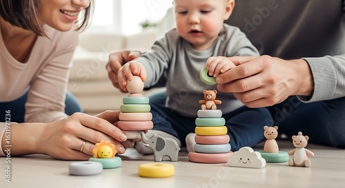 Photo of a happy baby and parents playing with colorful wooden stacking toys, fostering early childhood development