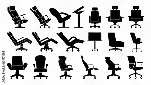Illustration showing an assortment of office chairs and furniture in black silhouette on a white background
