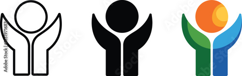 Abstract human hands holding sun logo, modern symbol