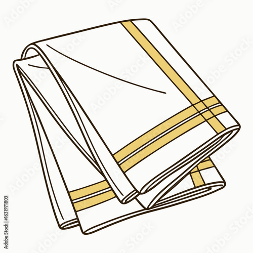A neatly folded white cloth with golden stripes a traditional indian lungi or dhoti presented in a simple line art style