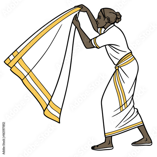 A person dressed in traditional indian attire a white mundu with gold borders is holding and displaying a fabric