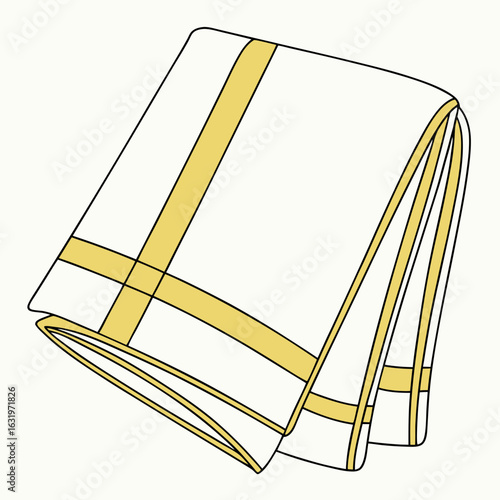 A simple cartoon illustration of a neatly folded white dhoti with golden stripes on a cream background
